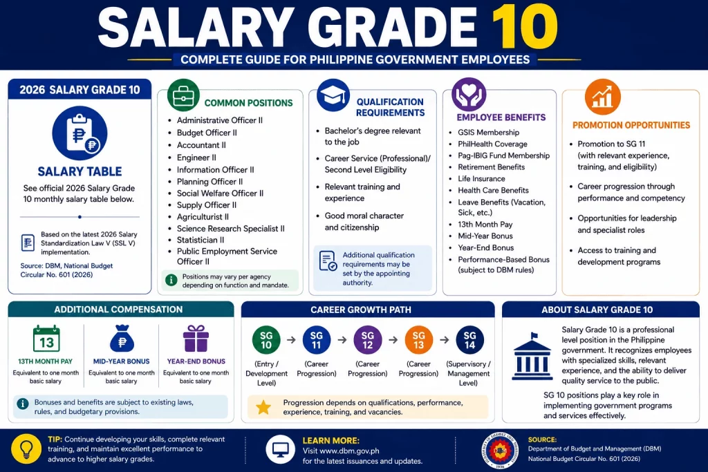 Professional illustration representing Salary Grade 10 in the Philippines with government employee, career growth, benefits, qualifications, and public service.