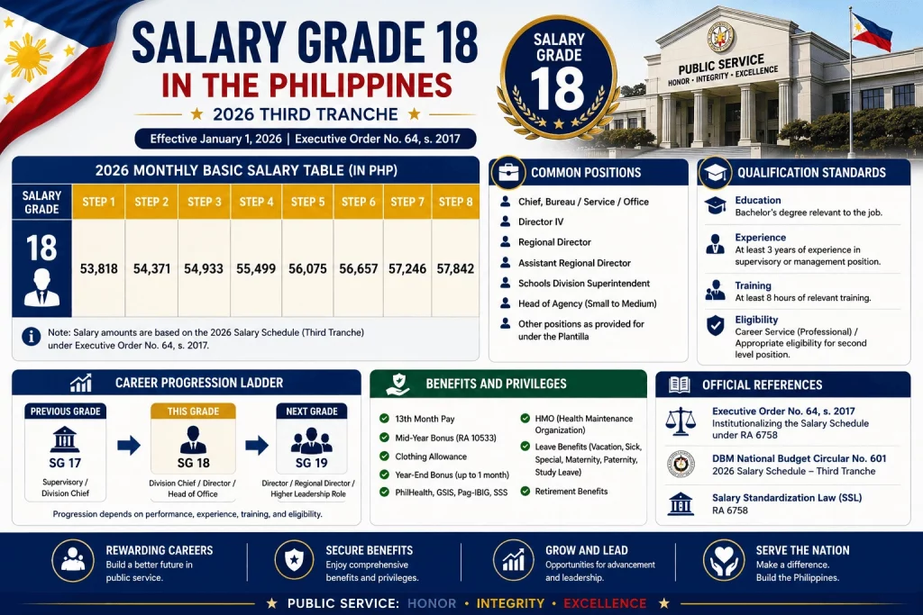 Infographic showing Salary Grade 18 in the Philippines with the 2026 salary table, salary steps, government positions, qualification standards, benefits, and career progression.