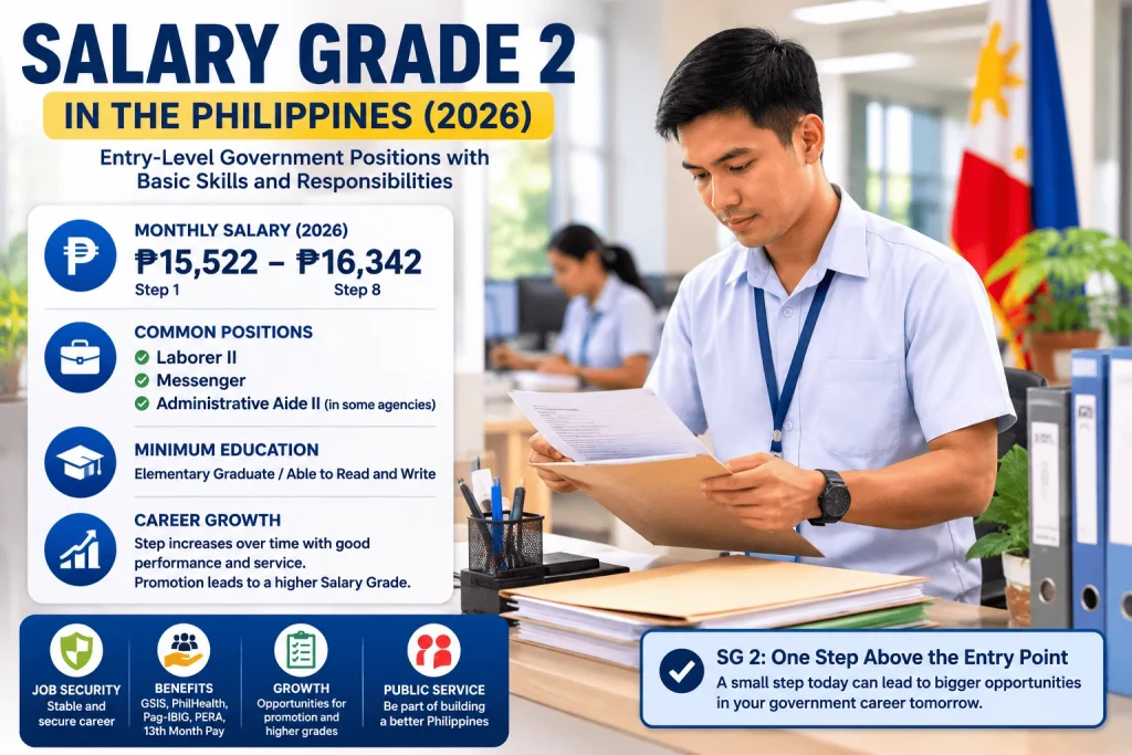 Filipino government employee reviewing documents in a public office representing Salary Grade 2 positions in the Philippines for 2026, including Laborer II, Messenger, and Administrative Aide II roles.