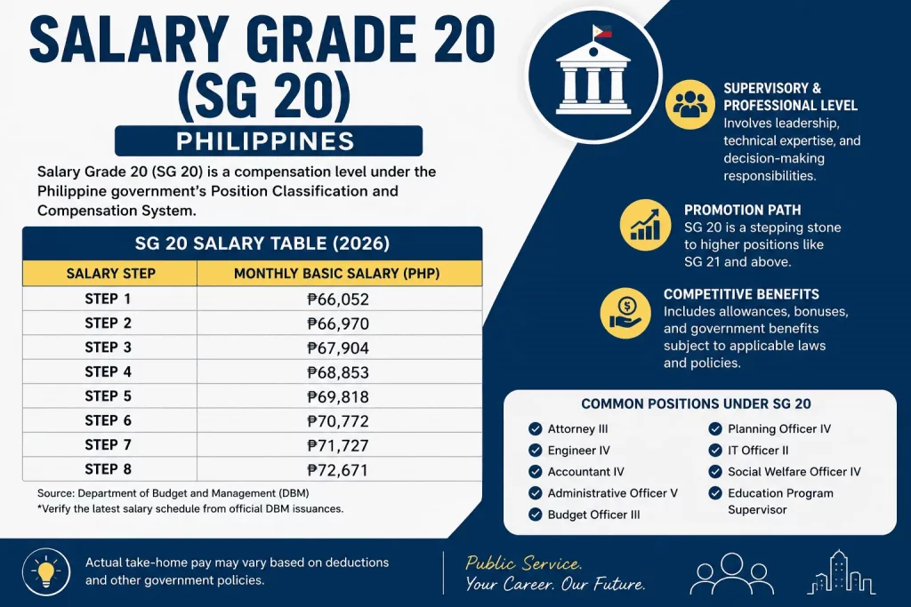 Infographic showing Salary Grade 20 (SG20) monthly basic salary table for 2026 in the Philippines, from Step 1 (₱66,052) to Step 8 (₱72,671), based on DBM data