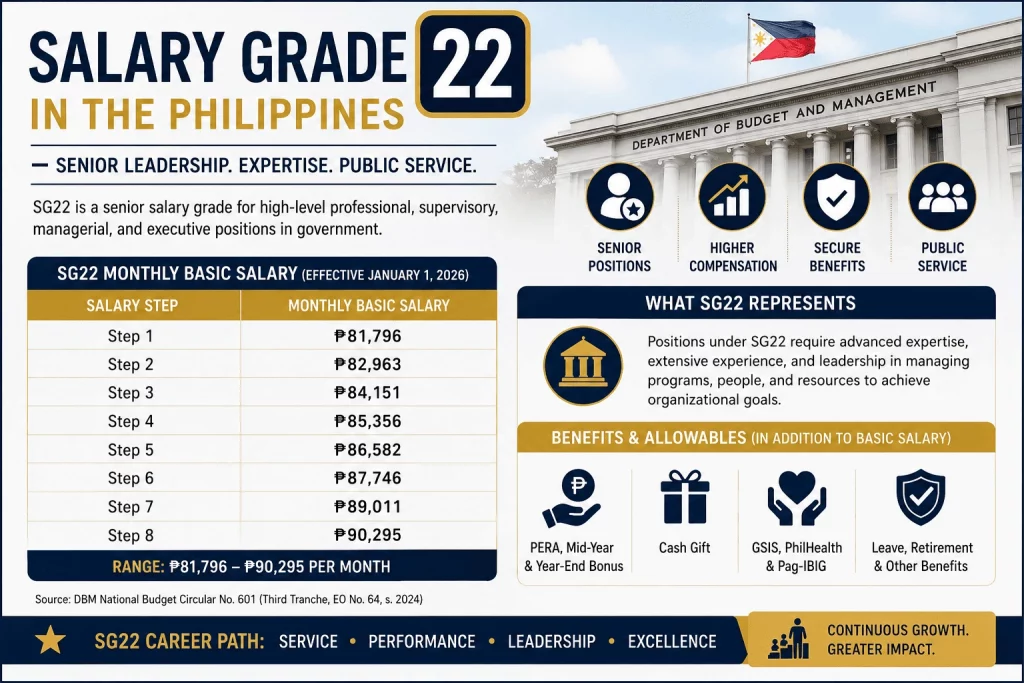 Salary Grade 22 (SG22) Philippines 2026 official salary table showing Step 1 to Step 8 monthly basic salaries, government benefits, and career information.