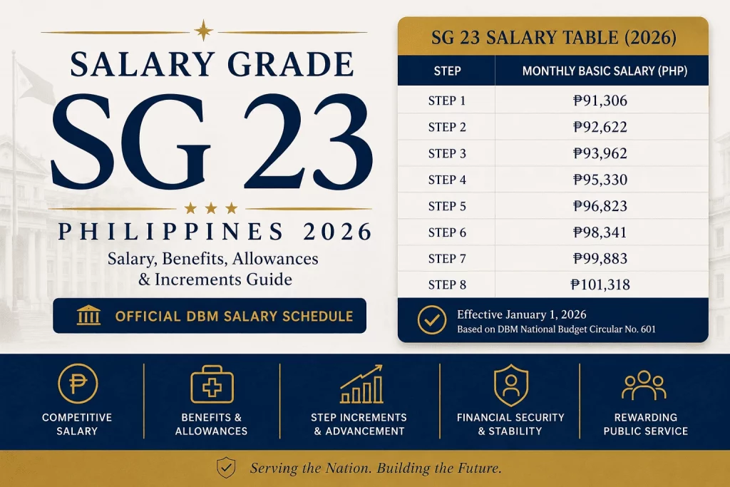 Salary Grade 23 (SG 23) Philippines 2026 salary table showing the monthly basic salary for Steps 1 to 8 under the SSL VI government salary schedule.
