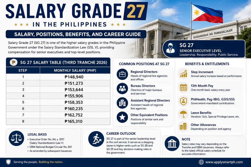 Infographic showing the 2026 Salary Grade 27 salary table, common government positions, benefits, legal basis, and career progression for Philippine government employees.