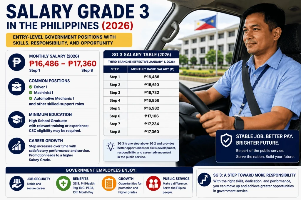 Filipino government driver in uniform representing Salary Grade 3 positions in the Philippines for 2026, showing the SG 3 salary table and common government support-service roles.