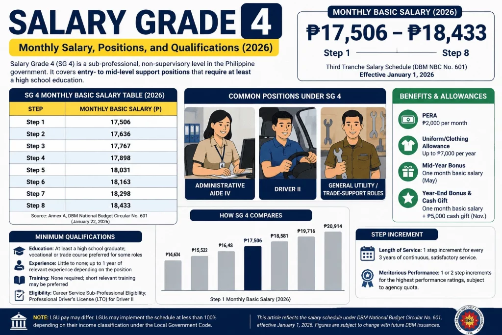 Salary Grade 4 Philippines 2026 salary table showing ₱17,506 to ₱18,433 monthly salary, qualifications, benefits, and common government positions.