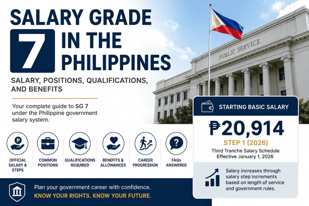 Salary Grade 7 salary guide showing government salary classification, career progression, and employee benefits.