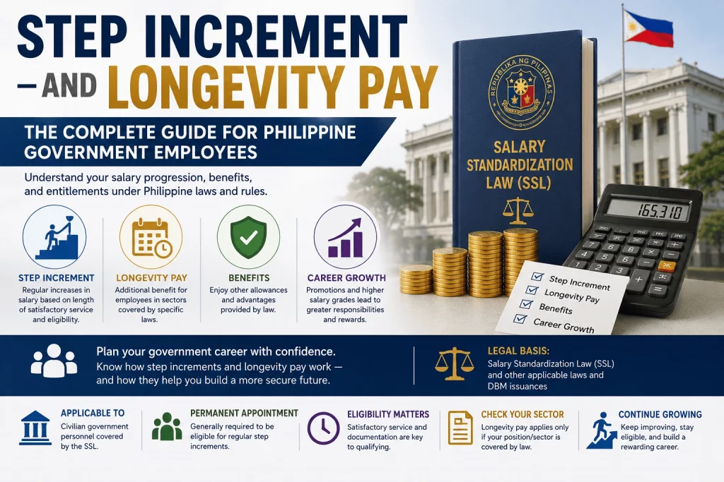 Professional infographic explaining step increments, longevity pay, salary progression, and government employee benefits under the Philippine Salary Standardization Law (SSL).