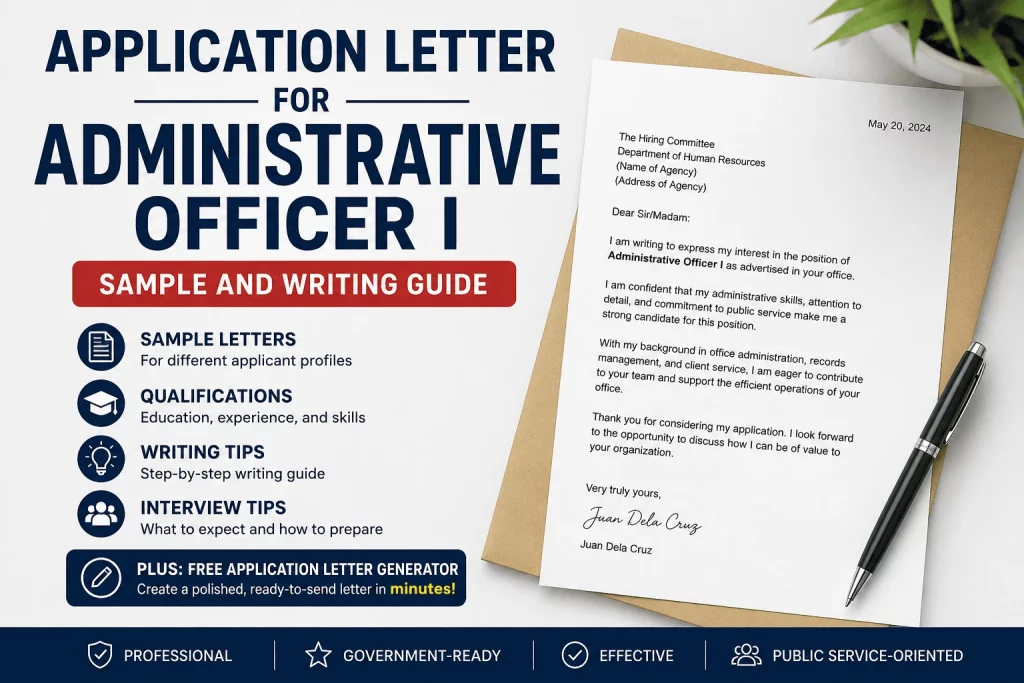 Application Letter for Administrative Officer I sample letter with qualifications, writing tips, interview preparation, and free generator