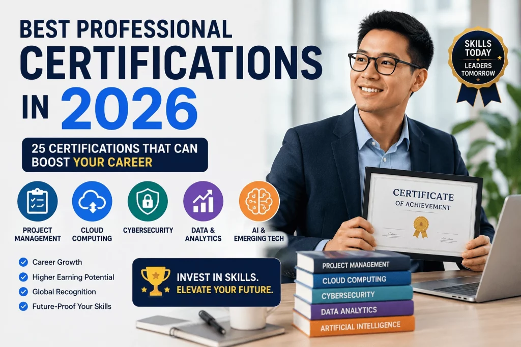 Professional holding a certification certificate with icons representing project management, cloud computing, cybersecurity, data analytics, and AI certifications in 2026.