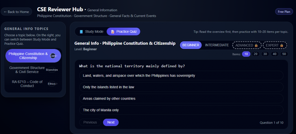 Easy-level General Information questions covering the Philippine Constitution, RA 6713, and government structure.