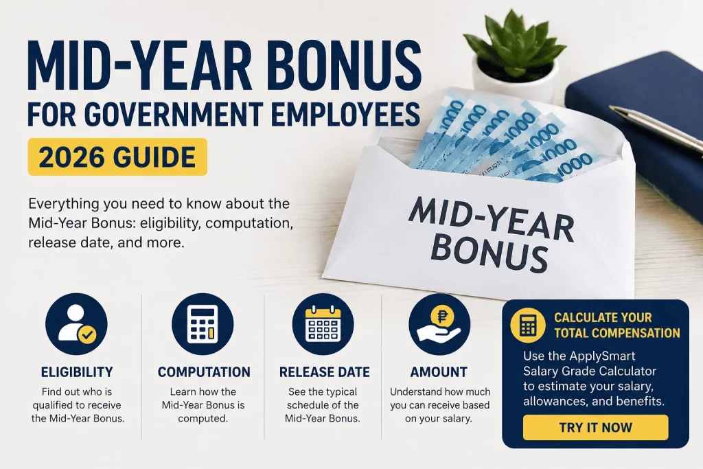 Mid-Year Bonus for Government Employees in the Philippines 2026 guide showing eligibility, computation, release date, and bonus amount information