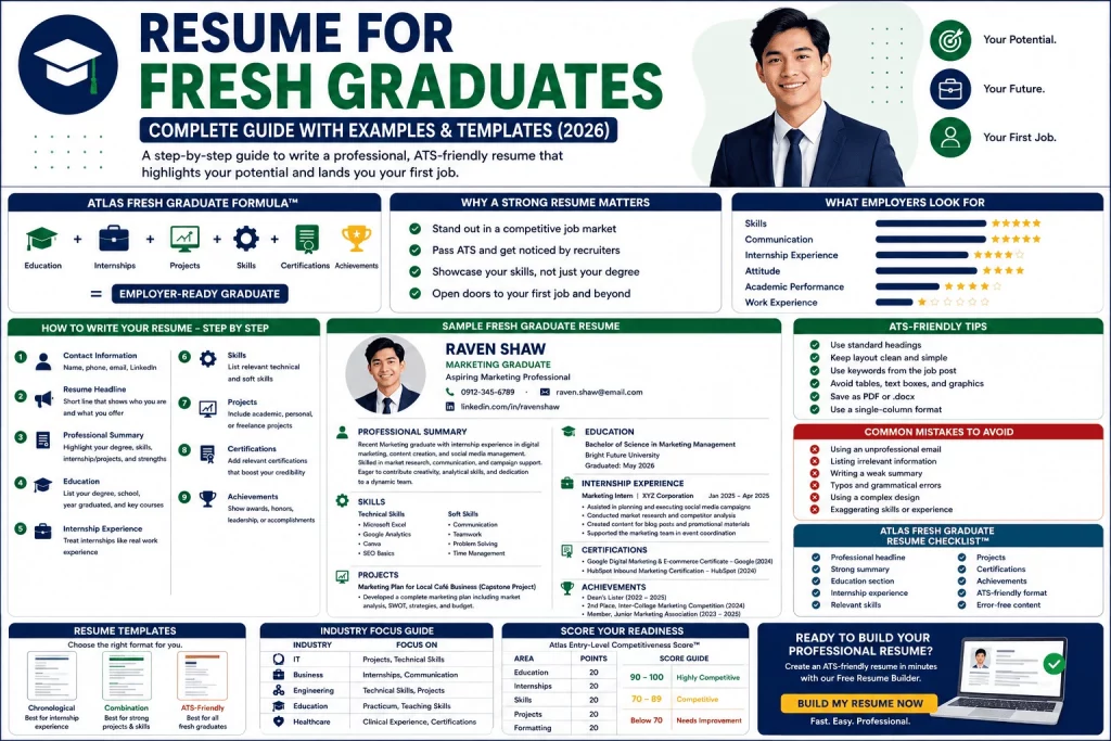 Resume for fresh graduates infographic showing resume writing steps, ATS-friendly tips, sample resume, skills, internships, projects, certifications, and first job application guidance.