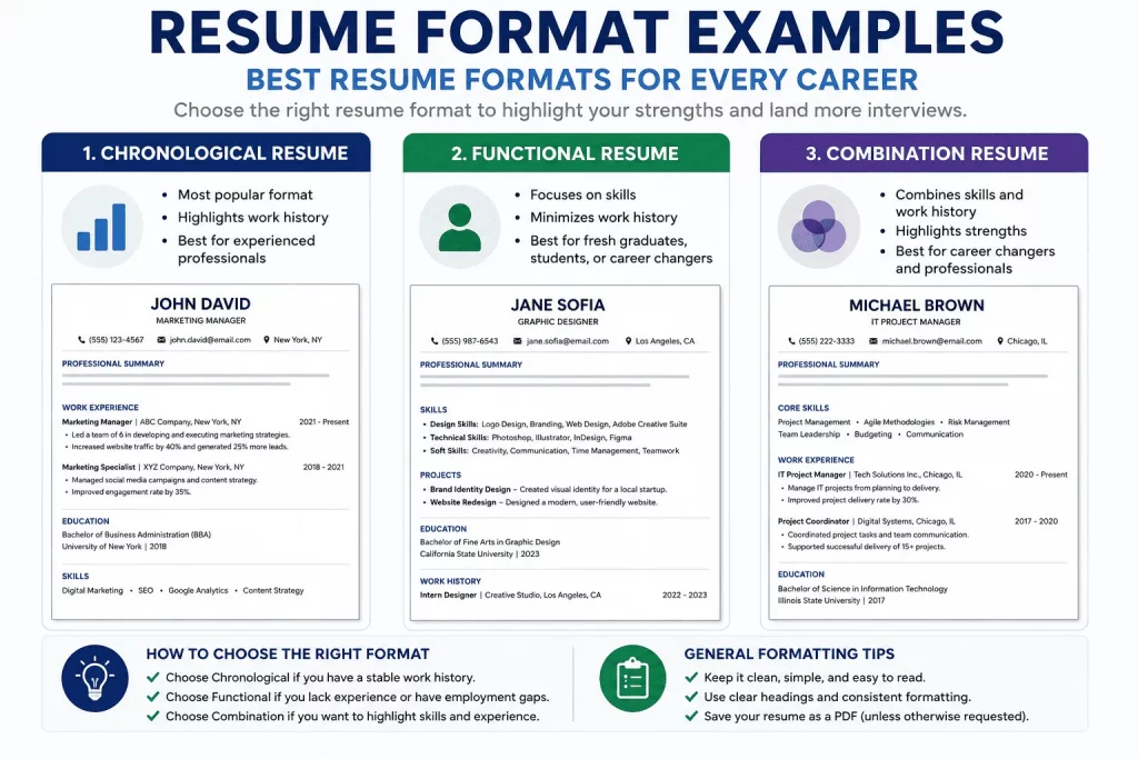 Resume format examples infographic comparing chronological, functional, and combination resume formats with professional resume layout samples.