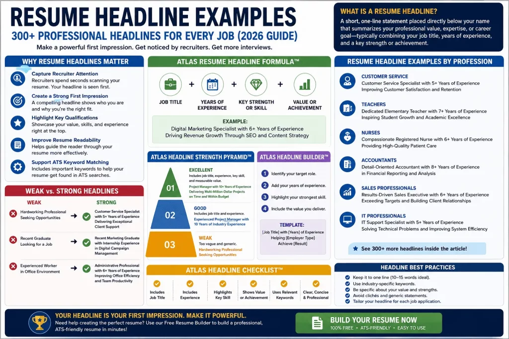 Resume headline examples infographic showing professional resume headlines, headline formula, headline strength pyramid, ATS-friendly headline tips, and resume headline examples for different professions.
