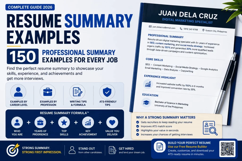 Resume summary examples guide featuring 150 professional summary examples, ATS-friendly resume tips, writing formula, and career-specific resume summaries