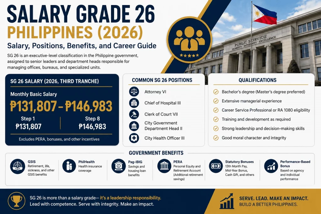 Salary Grade 26 Philippines 2026 infographic showing executive-level government salary range of ₱131,807 to ₱146,983, common positions, qualifications, benefits, and leadership career progression.