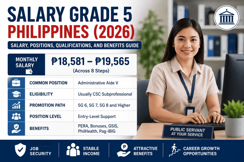 Salary Grade 5 Philippines 2026 showing monthly salary range, Administrative Aide V position, eligibility requirements, benefits, and career growth opportunities in government service.