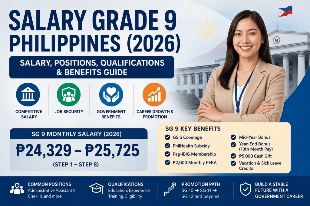 Salary Grade 9 Philippines 2026 infographic showing monthly salary range, common positions, qualifications, government benefits, and career advancement opportunities.