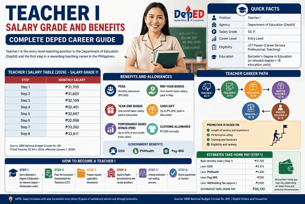 Teacher I Salary Grade 11 infographic showing 2026 DepEd salary, benefits, qualifications, career path, promotion opportunities, and estimated take-home pay in the Philippines
