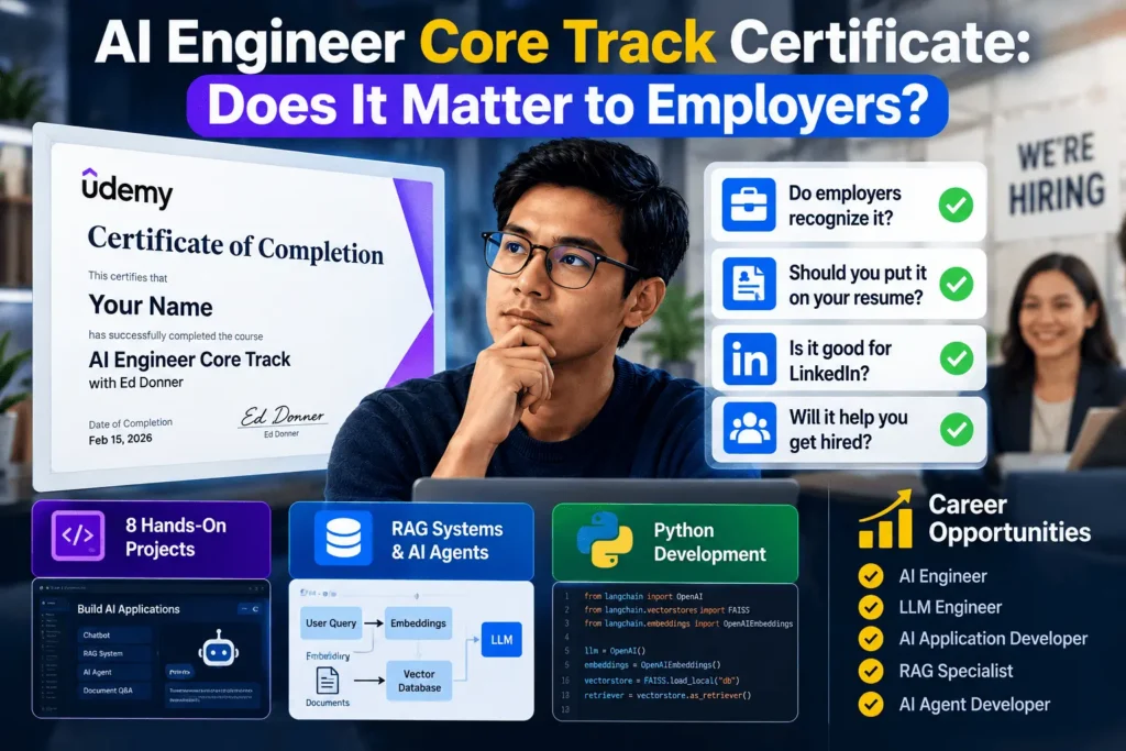 AI Engineer Core Track certificate showing employer recognition, resume value, LinkedIn benefits, portfolio impact, and career relevance