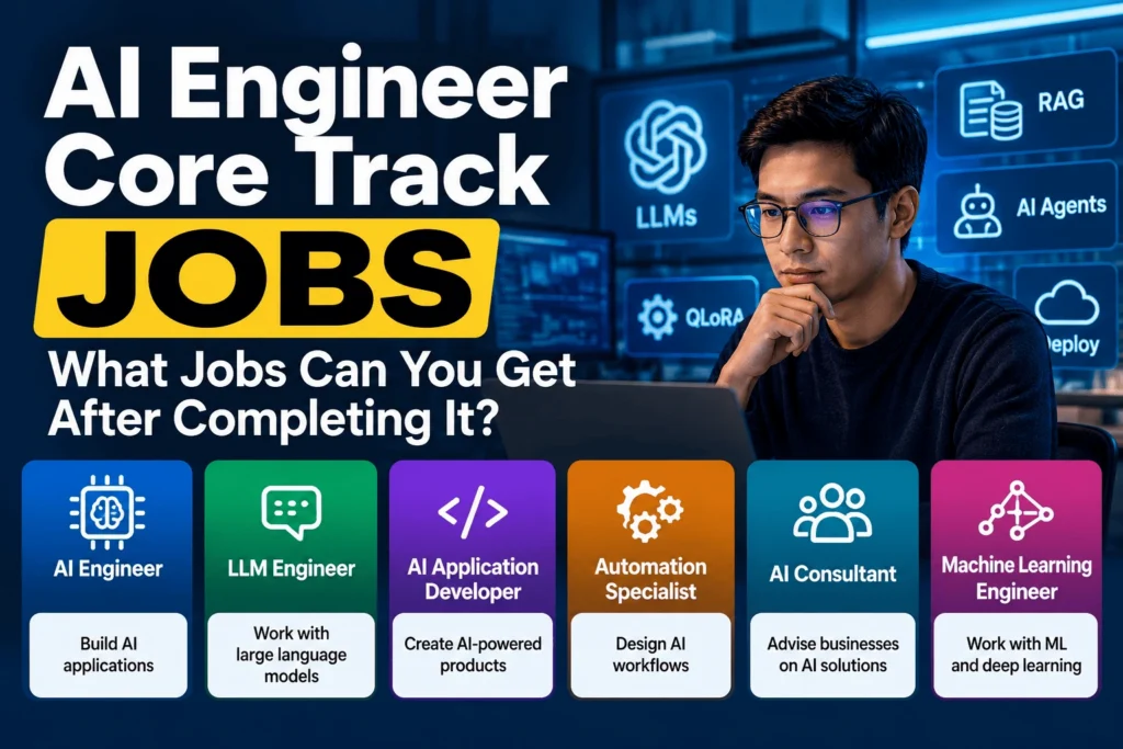 AI Engineer Core Track jobs infographic showing career paths including AI Engineer, LLM Engineer, AI Application Developer, Automation Specialist, AI Consultant, and Machine Learning Engineer