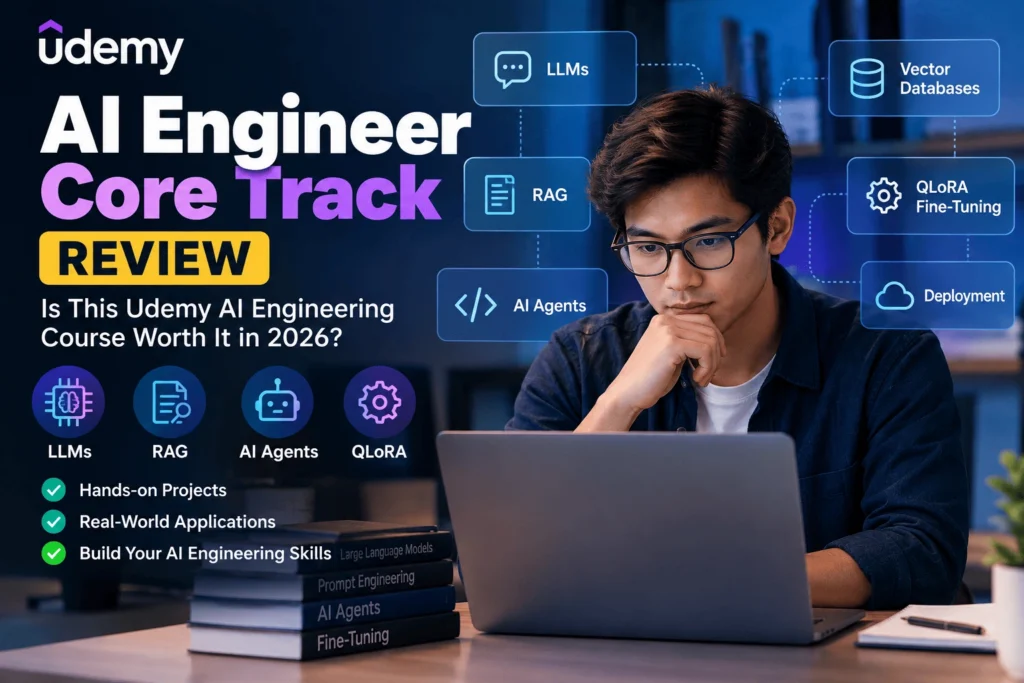 AI Engineer Core Track Review 2026 featuring Udemy AI engineering course topics including LLMs, RAG, AI Agents, QLoRA fine-tuning, and deployment