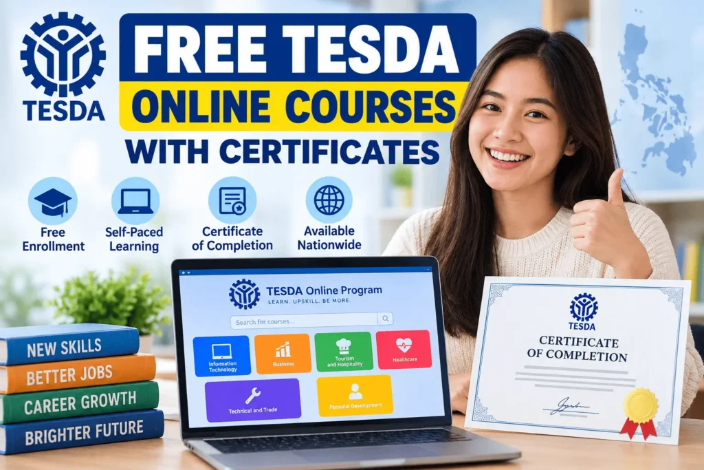 Free TESDA Online Courses with Certificates featuring the TESDA Online Program, self-paced learning, certificate of completion, and career development opportunities in the Philippines.
