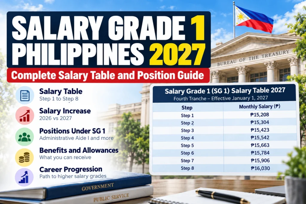 Salary Grade 1 Philippines 2027 salary table showing monthly salaries from Step 1 to Step 8 under the fourth tranche of Executive Order No. 64.
