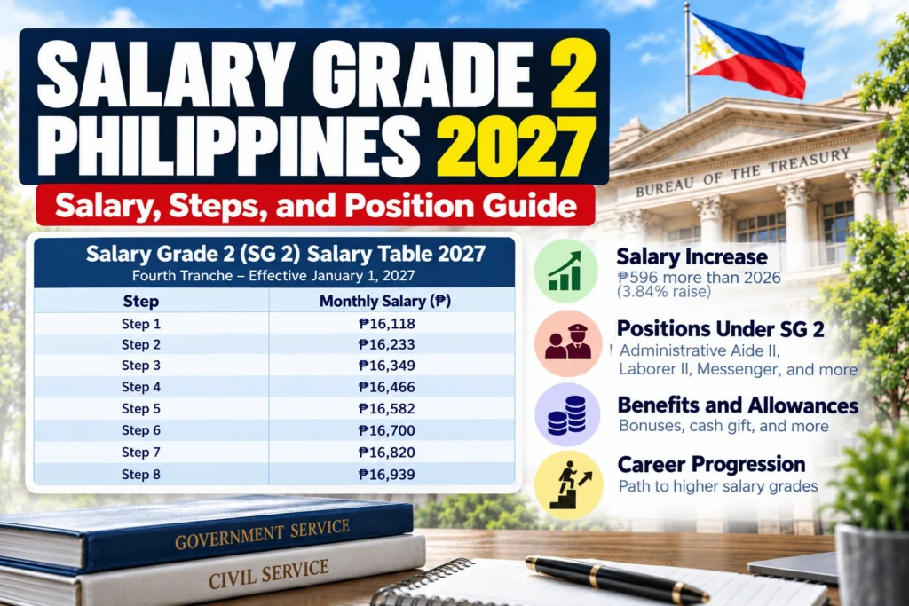 Salary Grade 2 Philippines 2027 infographic showing the SG 2 salary table, monthly salaries from Step 1 to Step 8, salary increase details, positions under SG 2, benefits, and career progression.
