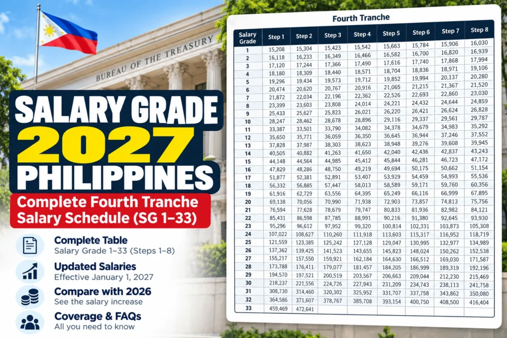 Salary Grade 2027 Philippines complete fourth tranche salary schedule showing updated monthly salaries for Salary Grades 1 to 33 under Executive Order No. 64 effective January 1, 2027.