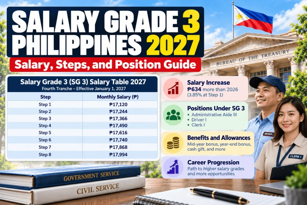 Salary Grade 3 Philippines 2027 infographic showing the SG 3 salary table, monthly salaries from Step 1 to Step 8, salary increase details, Administrative Aide III, Driver I, and Clerk I positions, benefits, and career progression.