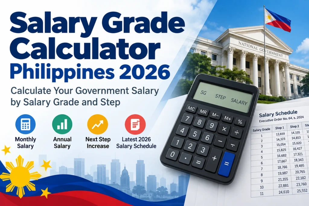 Salary Grade Calculator Philippines 2026 showing government salary computation by Salary Grade and Step with calculator, salary schedule, and Philippine government building.
