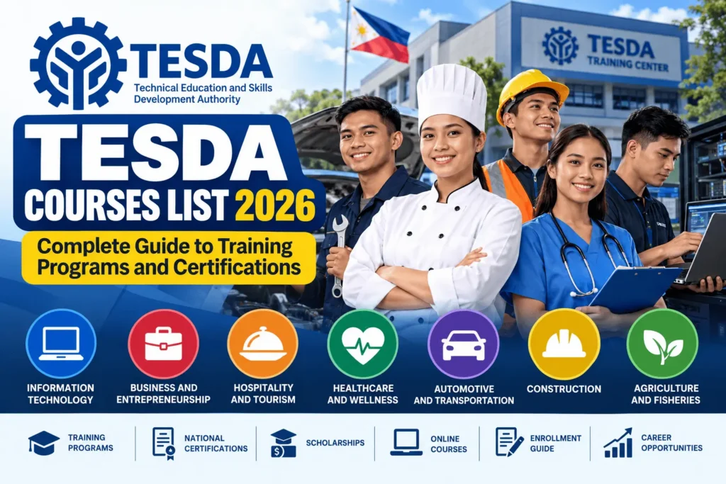 TESDA Courses List 2026 infographic featuring training programs, certifications, scholarships, online courses, and career opportunities in the Philippines.