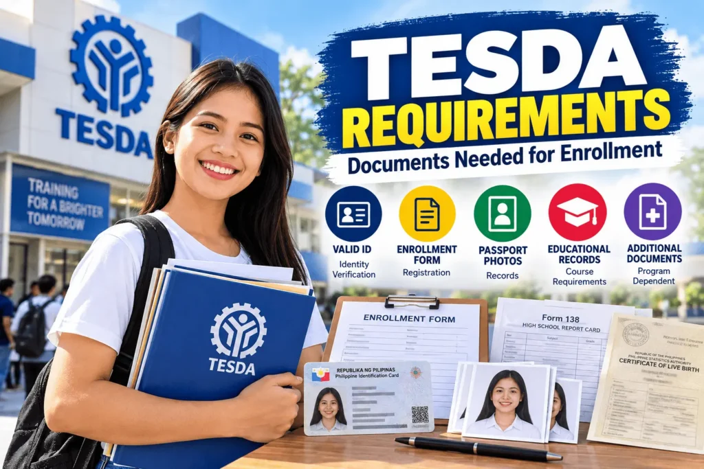 TESDA requirements guide showing the documents needed for enrollment including valid ID, enrollment form, passport photos, educational records, and supporting documents.