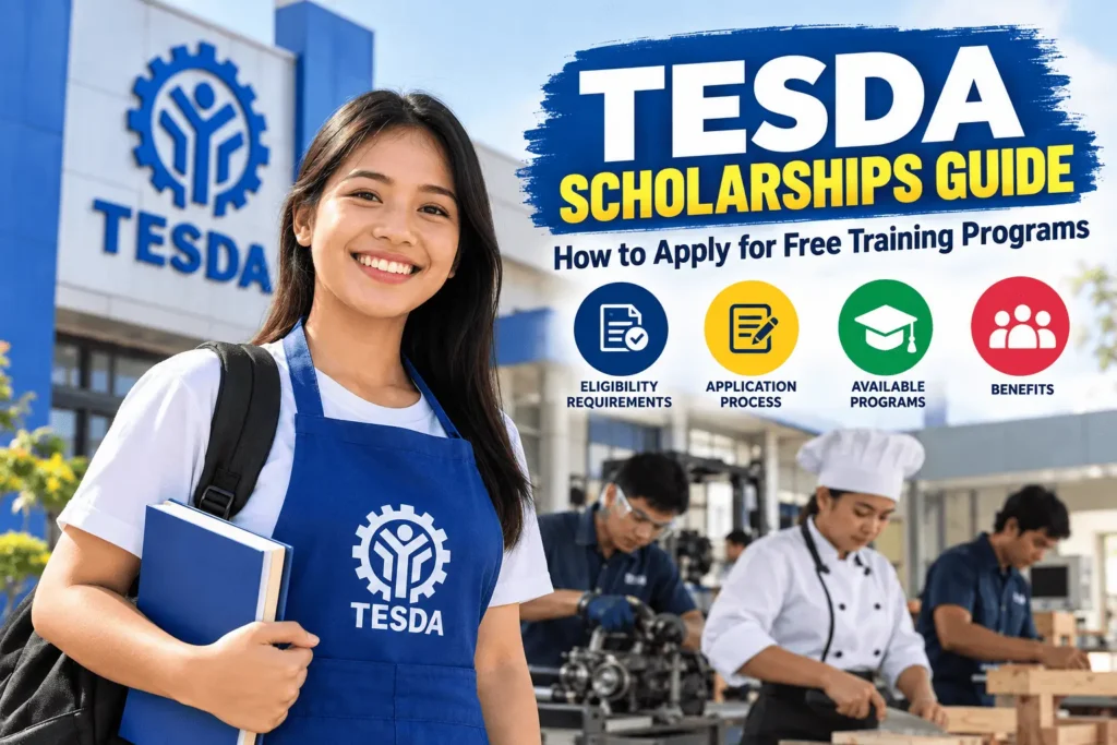 TESDA scholarships guide showing free training programs, scholarship opportunities, technical vocational education, and skills development for Filipino learners.