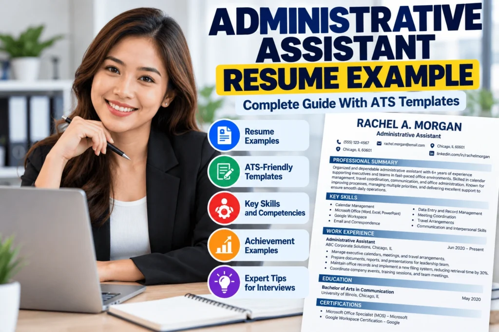 Professional administrative assistant beside an ATS-friendly resume example featuring office administration skills, achievements, templates, and interview tips.