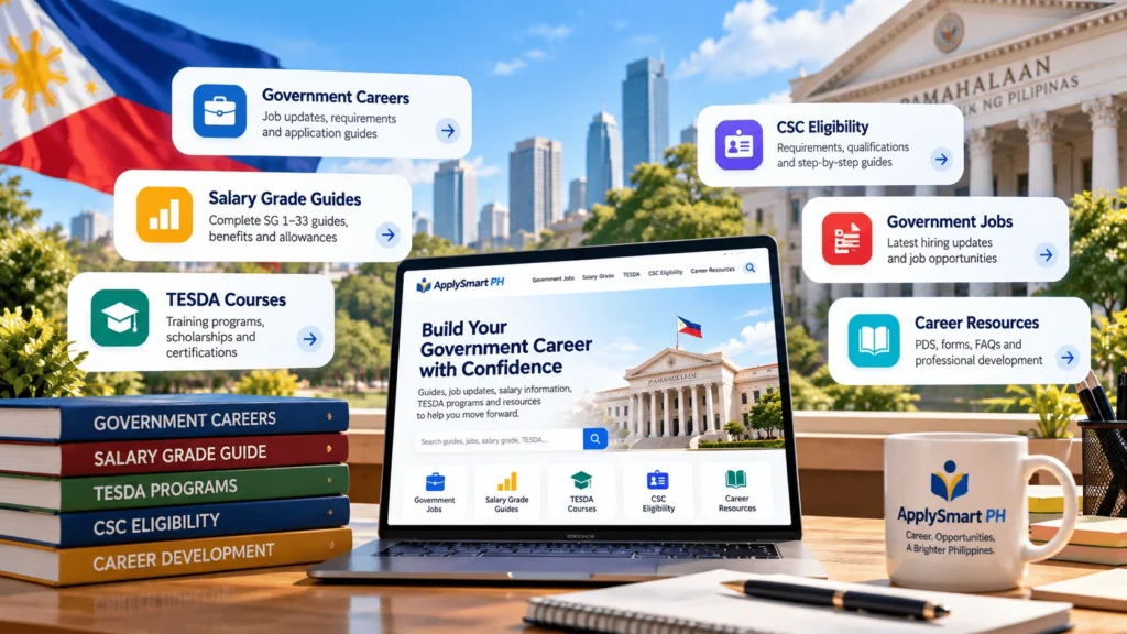 ApplySmart PH Career Resource Hub for Government Careers and Professional Growth ApplySmart PH homepage hero image featuring government careers, salary grade guides, TESDA courses, CSC eligibility resources, and career development tools.