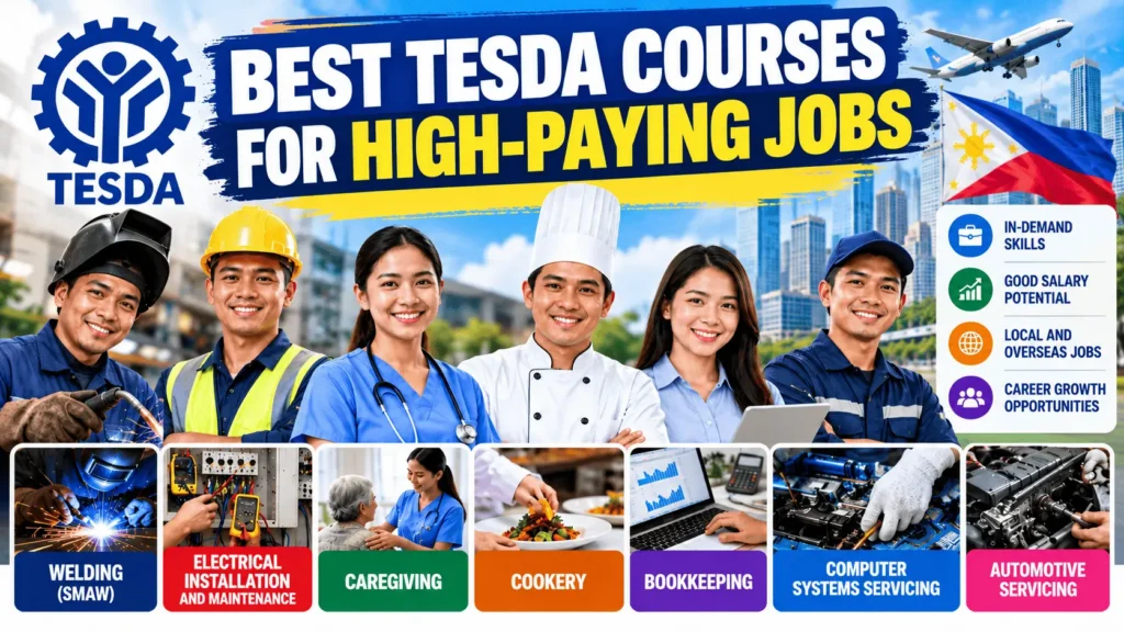 Best TESDA courses for high-paying jobs featuring welding, electrical installation, caregiving, cookery, bookkeeping, computer systems servicing, and automotive servicing careers.