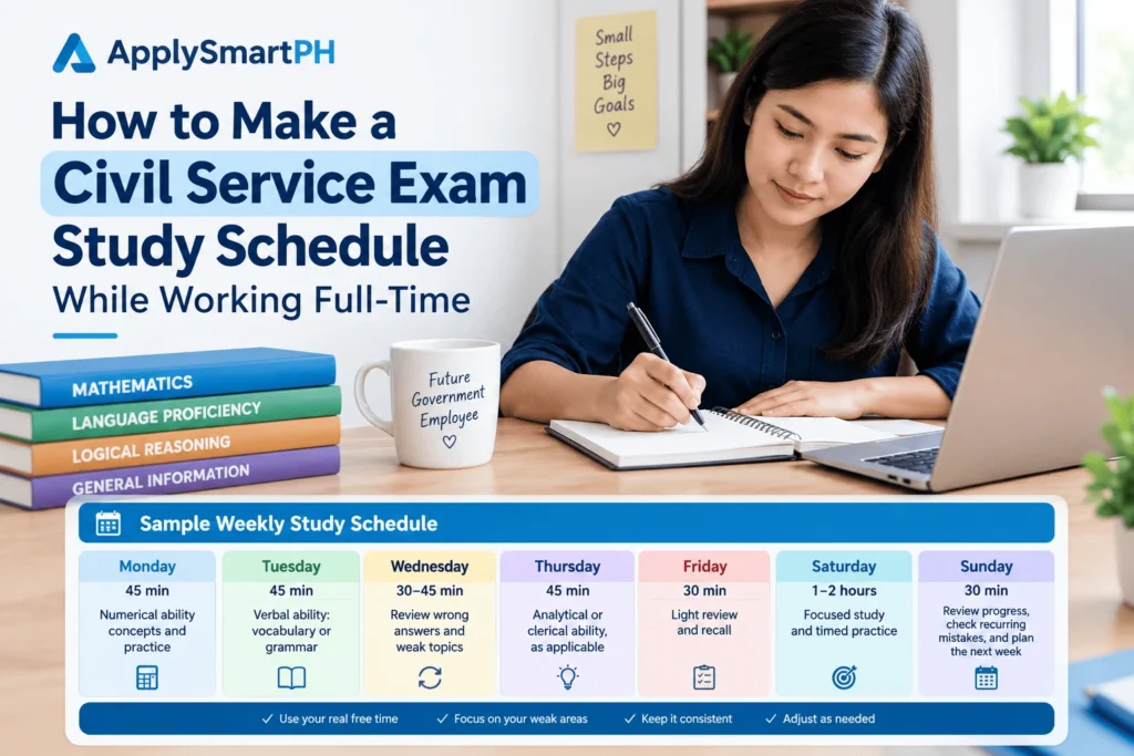 Civil Service Exam study schedule for full-time workers showing a weekly study plan, review subjects, and daily study times.