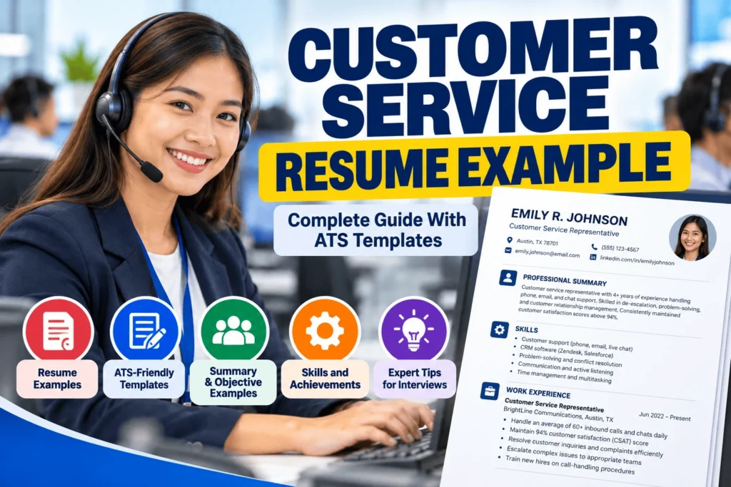 Customer service professional with headset beside an ATS-friendly resume example featuring summary, skills, work experience, and achievements.