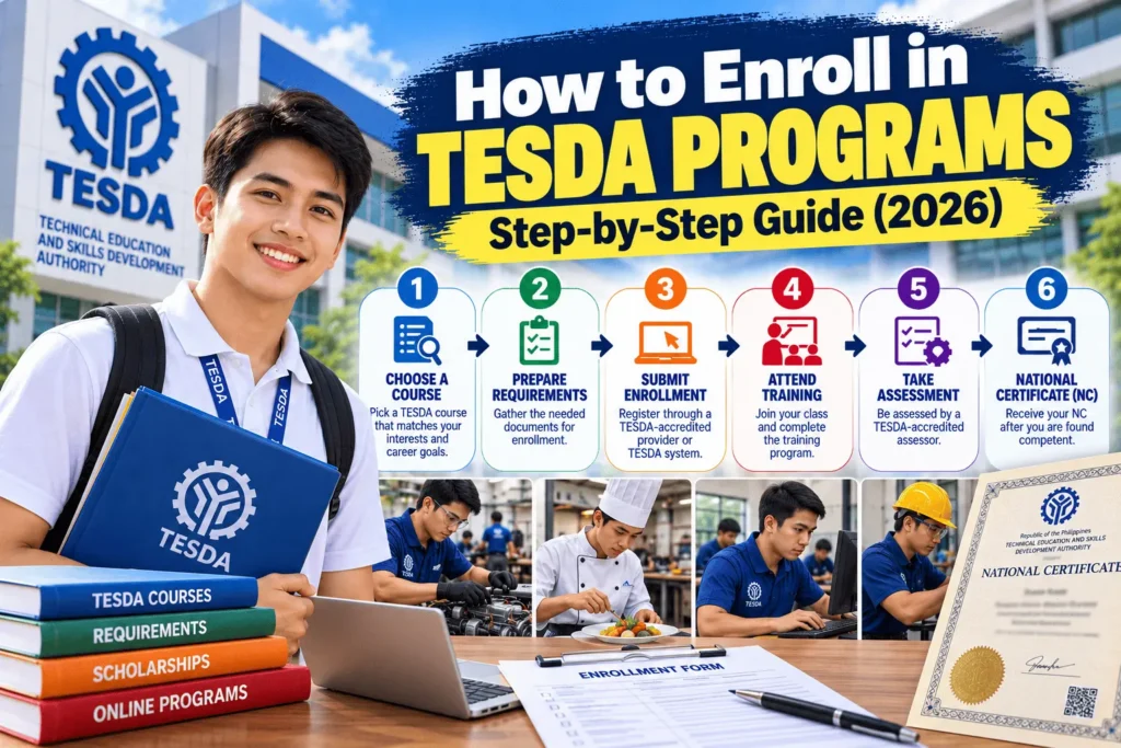 How to enroll in TESDA programs step-by-step guide showing course selection, enrollment requirements, training, assessment, and National Certificate process.