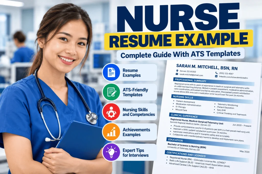 Professional nurse holding a tablet beside an ATS-friendly nurse resume example featuring nursing skills, summaries, achievements, and resume templates.