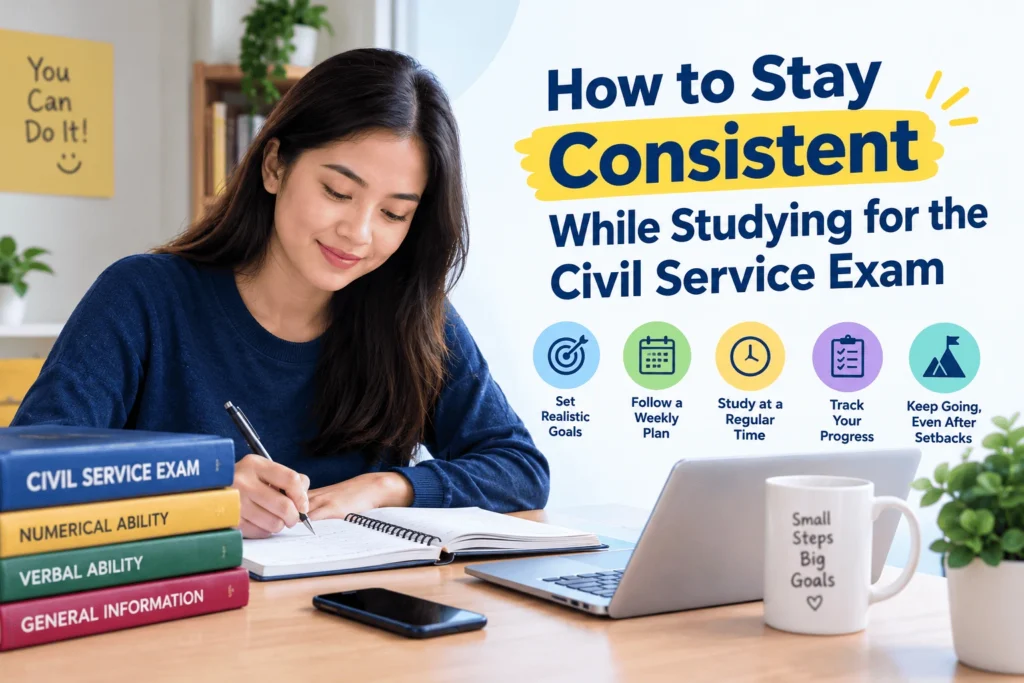 A Filipino student studying for the Civil Service Exam with books and a notebook, illustrating consistent study habits, realistic goals, and progress tracking.