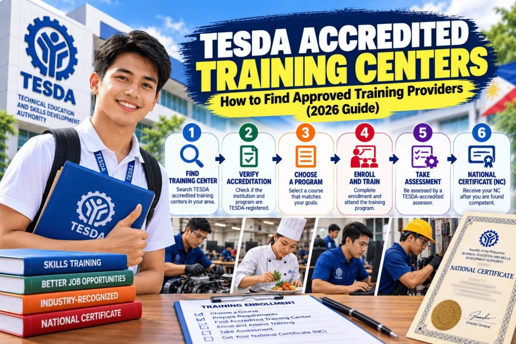 TESDA accredited training centers guide showing how to verify approved training providers, enroll in TESDA programs, complete training, and earn a National Certificate.