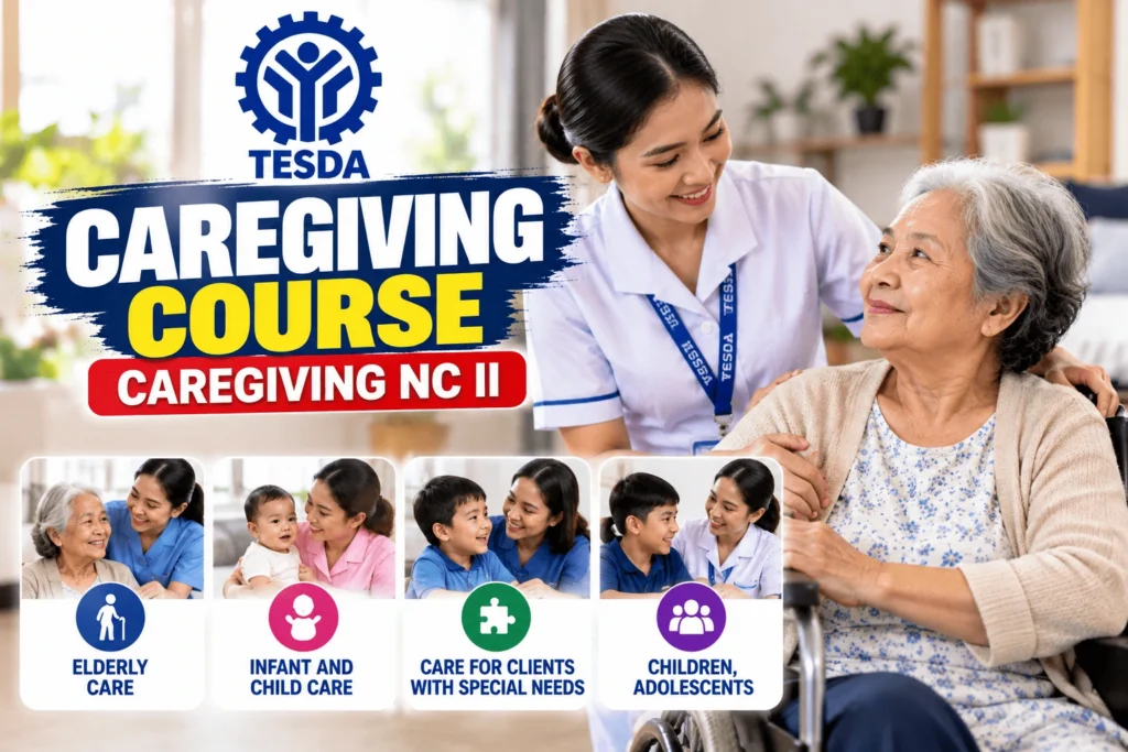 TESDA Caregiving NC II trainee providing care and assistance to an elderly woman during caregiving skills training.