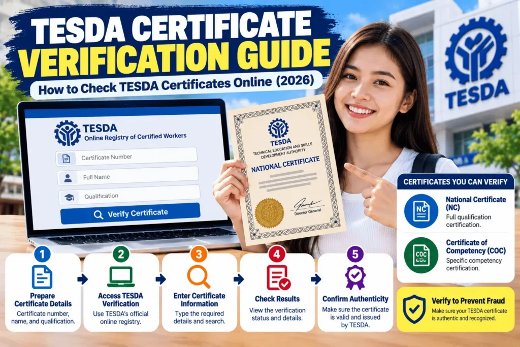 TESDA certificate verification guide showing how to check National Certificate (NC) and Certificate of Competency (COC) records online through TESDA verification systems.