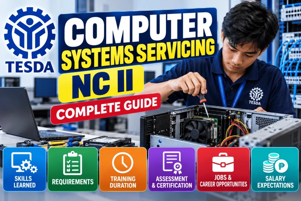 TESDA Computer Systems Servicing NC II student learning computer repair, networking, hardware troubleshooting, and IT support skills in a technical training laboratory.