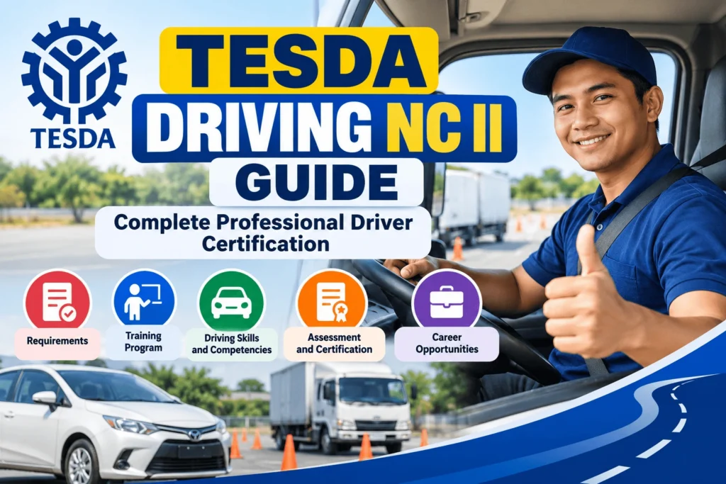 TESDA Driving NC II trainee professional driver inside a training vehicle during driver certification training.