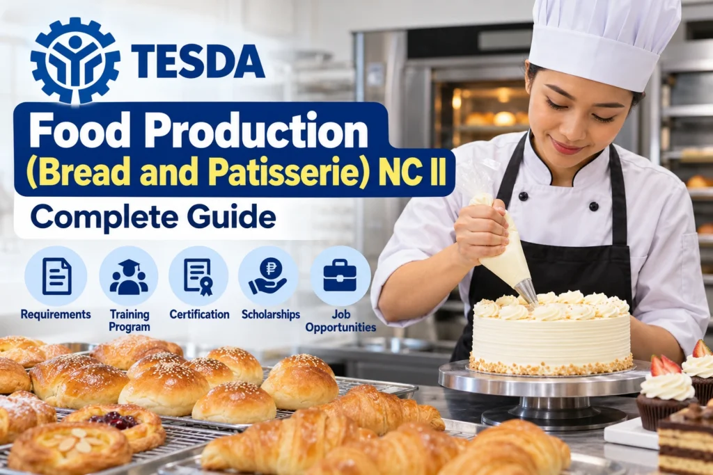 TESDA Food Production (Bread and Patisserie) NC II baking course guide featuring a chef decorating a cake and freshly baked pastries.