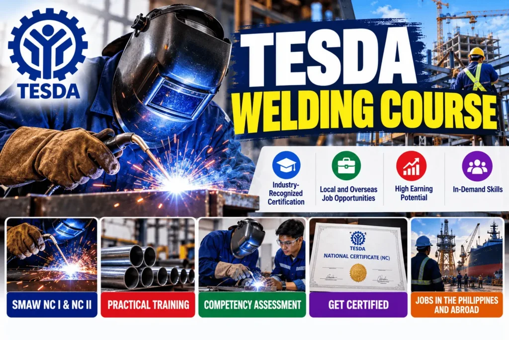 TESDA welding course trainee performing Shielded Metal Arc Welding (SMAW) as part of NC II certification training in the Philippines.